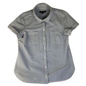 Tommy Hilfiger Shirt Wm's Sz Lg Blue & White Seersucker Railroad Stripe Fabric